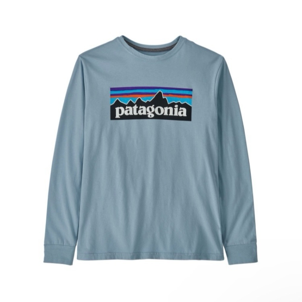 Patagonia Kids Long Sleeve Tee in Light Blue with Multicolor Logo